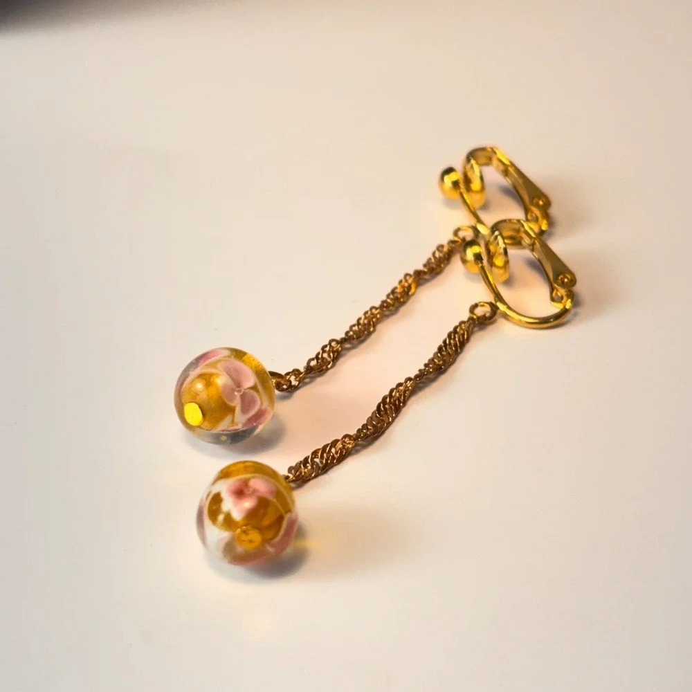 Vintage Glass Drop Earrings Gold Pink Floral Dangle Whimsygoth Boho Chic PL331
